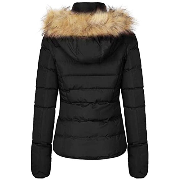 Women's Winter Quilted Puffer Coat Fleece Lined Warm Jacket with Faux Fur Hood - Picture 2 of 5